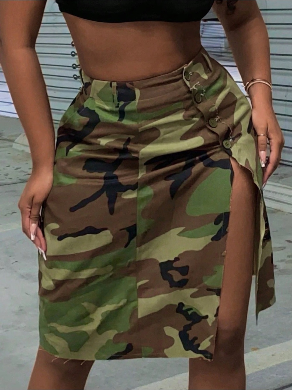 SHEIN Camo High-Slit Midi Skirt in Olive Brown